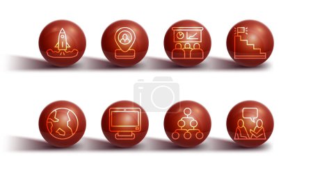Illustration for Set line Rocket, Earth globe, Stair with finish flag, Hierarchy organogram chart, Computer monitor, Worker location, Two sitting men talking and Training, presentation icon. Vector - Royalty Free Image