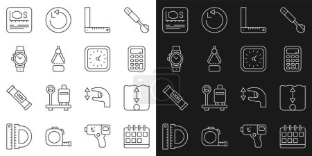 Illustration for Set line Calendar, Depth measurement, Calculator, Corner ruler, Drawing compass, Wrist watch, Area and Clock icon. Vector - Royalty Free Image