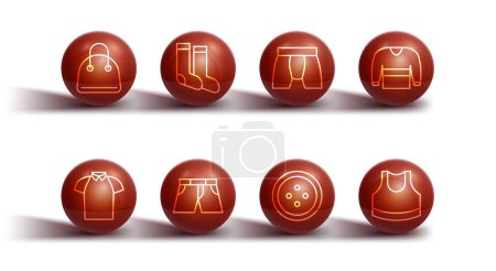 Illustration for Set line Handbag, Polo shirt, Sweater, Sewing button for clothes, Short pants, Socks, Female crop top and Men underpants icon. Vector - Royalty Free Image