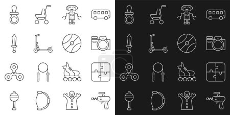 Illustration for Set line Ray gun Puzzle pieces toy Photo camera Robot Scooter Sword Baby dummy pacifier and Basketball ball icon. Vector. - Royalty Free Image