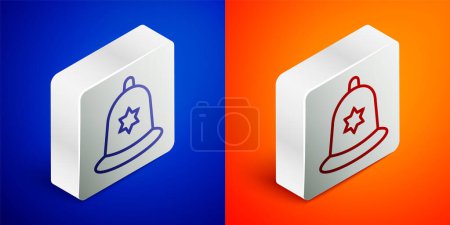 Illustration for Isometric line British police helmet icon isolated on blue and orange background. Silver square button. Vector. - Royalty Free Image