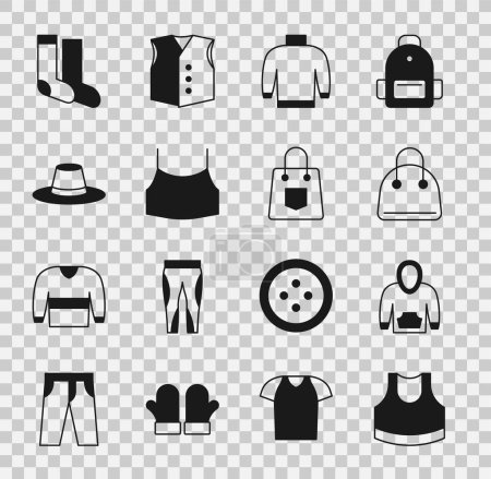 Illustration for Set Female crop top, Hoodie, Handbag, Sweater, Man hat, Socks and  icon. Vector - Royalty Free Image