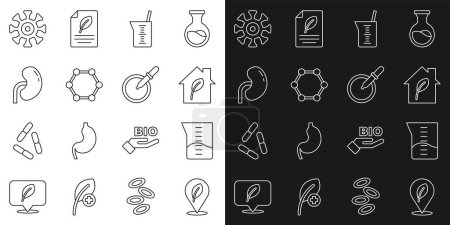 Illustration for Set line Location with leaf, Laboratory glassware or beaker, Eco friendly house, Molecule, Human kidney, Bacteria and Petri dish pipette icon. Vector - Royalty Free Image