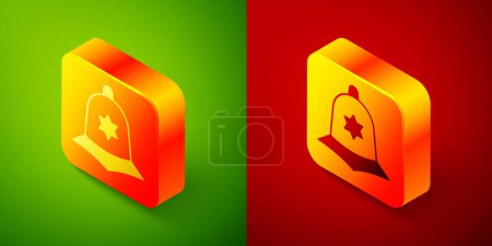 Illustration for Isometric British police helmet icon isolated on green and red background. Square button. Vector - Royalty Free Image