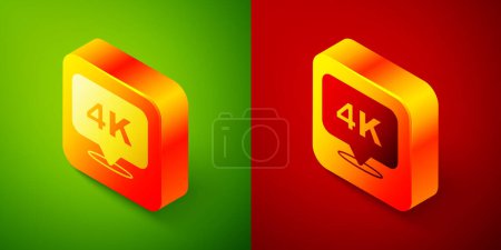 Illustration for Isometric 4k Ultra HD icon isolated on green and red background. Square button. Vector - Royalty Free Image