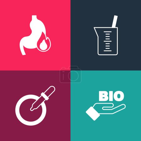 Illustration for Set pop art Bio healthy food, Petri dish with pipette, Laboratory glassware or beaker and Stomach heartburn icon. Vector - Royalty Free Image