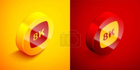 Illustration for Isometric 8k Ultra HD icon isolated on orange and red background. Circle button. Vector - Royalty Free Image