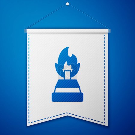 Illustration for Blue Alcohol or spirit burner icon isolated on blue background. Chemical equipment. White pennant template. Vector - Royalty Free Image