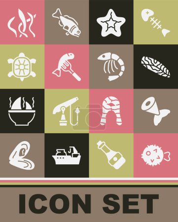 Ilustración de Set Erizo de pescado, cola, filete, estrella de mar, servido en el plato, tortuga, algas marinas y camarones icono. Vector - Imagen libre de derechos