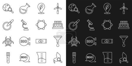 Illustration for Set line Stomach with magnifying glass, Funnel or filter, Test tube and flask, Location leaf, Microscope, Petri dish pipette, Magnifying globe and Molecule icon. Vector - Royalty Free Image