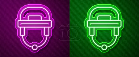 Téléchargez les illustrations : Ligne lumineuse au néon Icône de casque de hockey isolé sur fond violet et vert. Vecteur - en licence libre de droit