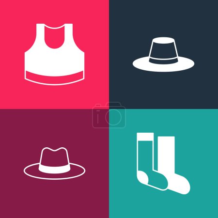 Illustration for Set pop art Socks, Man hat,  and Female crop top icon. Vector - Royalty Free Image