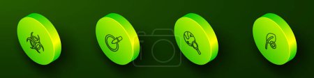 Illustration for Set Isometric line Biohazard symbol, Petri dish with pipette, Magnifying glass globe and Leaf or leaves icon. Vector - Royalty Free Image