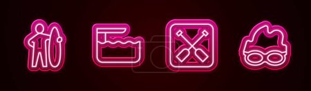 Illustration for Set line Surfboard, Diving or springboard, Paddle and Glasses for swimming. Glowing neon icon. Vector - Royalty Free Image