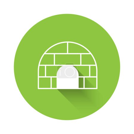 Illustration for White Igloo ice house icon isolated with long shadow background. Snow home, Eskimo dome-shaped hut winter shelter, made of blocks. Green circle button. Vector - Royalty Free Image