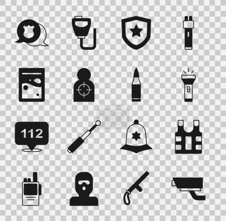 Illustration for Set Security camera, Bulletproof vest, Flashlight, Police badge, Human target sport for shooting, Plastic bag drug,  and  icon. Vector - Royalty Free Image