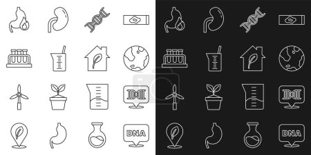 Set line DNA symbol, Earth globe, Laboratory glassware or beaker, Test tube and flask, Stomach heartburn and Eco friendly house icon. Vector