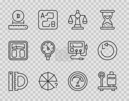 Illustration for Set line Protractor and ruler, Scale with suitcase, Scales of justice, Circle pieces, Diameter, Pressure water, Speedometer and Radius icon. Vector - Royalty Free Image