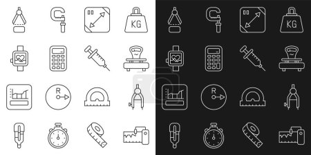 Illustration for Set line Measuring instrument, Drawing compass, Scales, Diagonal measuring, Calculator, Smart watch,  and Syringe icon. Vector - Royalty Free Image