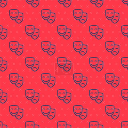 Illustration for Blue line Comedy and tragedy theatrical masks icon isolated seamless pattern on red background.  Vector - Royalty Free Image