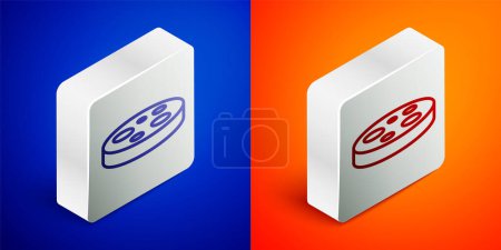 Illustration for Isometric line Petri dish with bacteria icon isolated on blue and orange background. Silver square button. Vector - Royalty Free Image