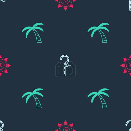 Ilustración de Ponga el sol, la estafa y la palmera tropical en un patrón sin costuras. Vector - Imagen libre de derechos