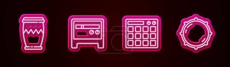 Illustration for Set line Drum, Guitar amplifier, machine and Dial knob level. Glowing neon icon. Vector - Royalty Free Image