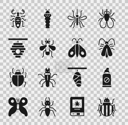 Illustration for Set Colorado beetle, Spray against insects, Clothes moth, Mosquito, Insect fly, Hive for bees, Beetle deer and Butterfly icon. Vector - Royalty Free Image