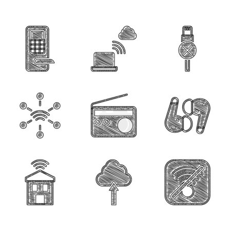 Ilustración de Conjunto de radio, carga en la nube, Internet inalámbrico sin Wi-Fi, auriculares de aire, hogar inteligente con wi-fi, Red, cable USB y el icono de bloqueo de la puerta digital. Vector - Imagen libre de derechos