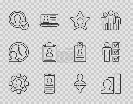 Set line Human with gear, Productive human, Head hunting, Mobile resume, Create account screen, Clipboard,  and User of business suit icon. Vector