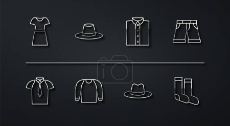 Illustration for Set line Woman dress, Shirt, Short or pants, Man hat, Sweater, Socks and  icon. Vector - Royalty Free Image