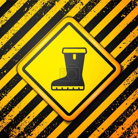 Illustration for Black Waterproof rubber boot icon isolated on yellow background. Gumboots for rainy weather, fishing, gardening. Warning sign. Vector. - Royalty Free Image