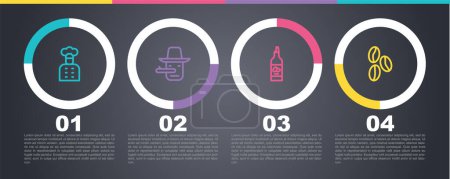 Illustration for Set line Italian cook, Pinocchio, Bottle of olive oil and Coffee beans. Business infographic template. Vector - Royalty Free Image