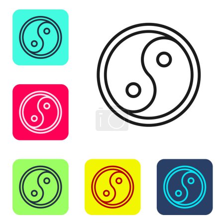 Ilustración de Línea negra Yin Yang símbolo de armonía y equilibrio icono aislado sobre fondo blanco. Establecer iconos en botones cuadrados de color. Vector. - Imagen libre de derechos