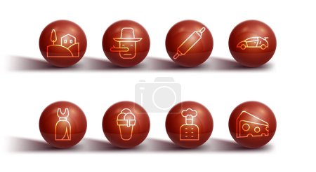 Illustration for Set line Village landscape, Woman dress, Sport racing car, Italian cook, Ice cream, Pinocchio, Cheese and Rolling pin icon. Vector - Royalty Free Image