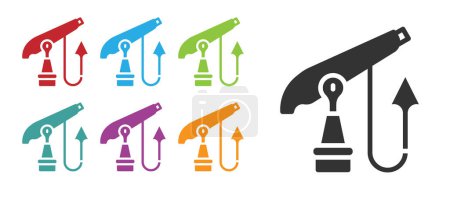 Illustration for Black Fishing harpoon icon isolated on white background. Fishery manufacturers for catching fish under water. Diving underwater equipment. Set icons colorful. Vector. - Royalty Free Image