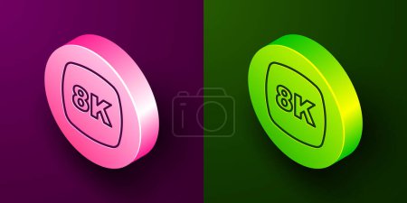 Illustration for Isometric line 8k Ultra HD icon isolated on purple and green background. Circle button. Vector - Royalty Free Image