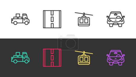 Illustration for Set line Delivery truck, Road, Cable car and Car on black and white. Vector - Royalty Free Image