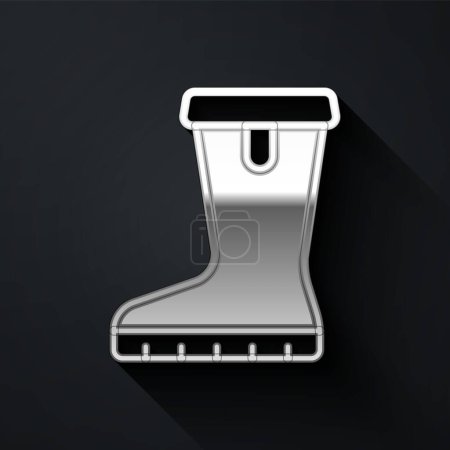 Illustration for Silver Waterproof rubber boot icon isolated on black background. Gumboots for rainy weather, fishing, gardening. Long shadow style. Vector. - Royalty Free Image