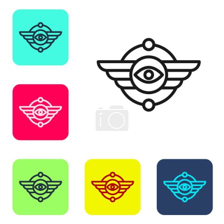 Illustration for Black line Egyptian symbol Winged sun icon isolated on white background. Set icons in color square buttons. Vector - Royalty Free Image