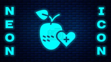 Illustration for Glowing neon Healthy fruit icon isolated on brick wall background.  Vector - Royalty Free Image