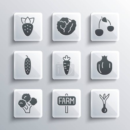 Illustration for Set Location farm, Onion, Pomegranate, Carrot, Broccoli, Cucumber, Strawberry and Cherry icon. Vector - Royalty Free Image