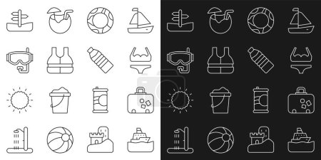 Illustration for Set line Cruise ship, Suitcase, Swimsuit, Rubber swimming ring, Life jacket, Diving mask, Road traffic sign and Bottle of water icon. Vector - Royalty Free Image
