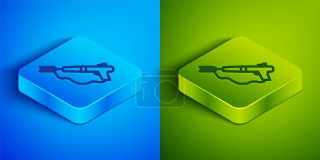 Illustration for Isometric line Fishing harpoon icon isolated on blue and green background. Fishery manufacturers for catching fish under water. Diving underwater equipment. Square button. Vector. - Royalty Free Image