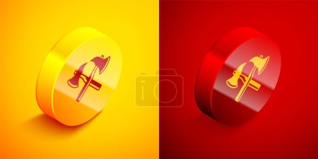 Téléchargez les illustrations : Isométrique icône de hache de pompier isolé sur fond orange et rouge. Hache de feu. Cercle bouton. Vecteur - en licence libre de droit