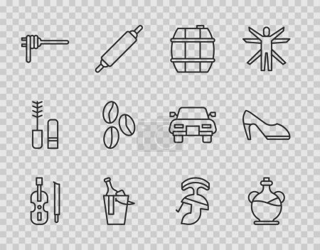 Illustration for Set line Violin, Bottle of olive oil, Barrel for wine, bucket, Pasta spaghetti, Coffee beans, Roman army helmet and Woman shoe icon. Vector - Royalty Free Image