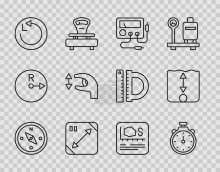 Illustration for Set line Compass, Stopwatch, Multimeter, voltmeter, Diagonal measuring, Radius, Approximate measurements, Area and Depth icon. Vector - Royalty Free Image