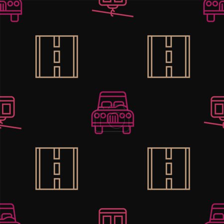 Illustration for Set line Cable car, Road and Car on seamless pattern. Vector - Royalty Free Image