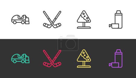 Illustration for Set line Ice resurfacer, hockey sticks, Road sign avalanches and Thermos container on black and white. Vector - Royalty Free Image