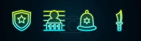 Illustration for Set line Police badge, Suspect criminal, British police helmet and Military knife. Glowing neon icon. Vector - Royalty Free Image
